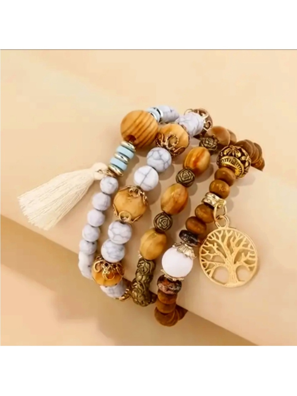 Fashion Jewelry White and Wood-Tone Beaded Bracelet Set with Tree of Life Charm